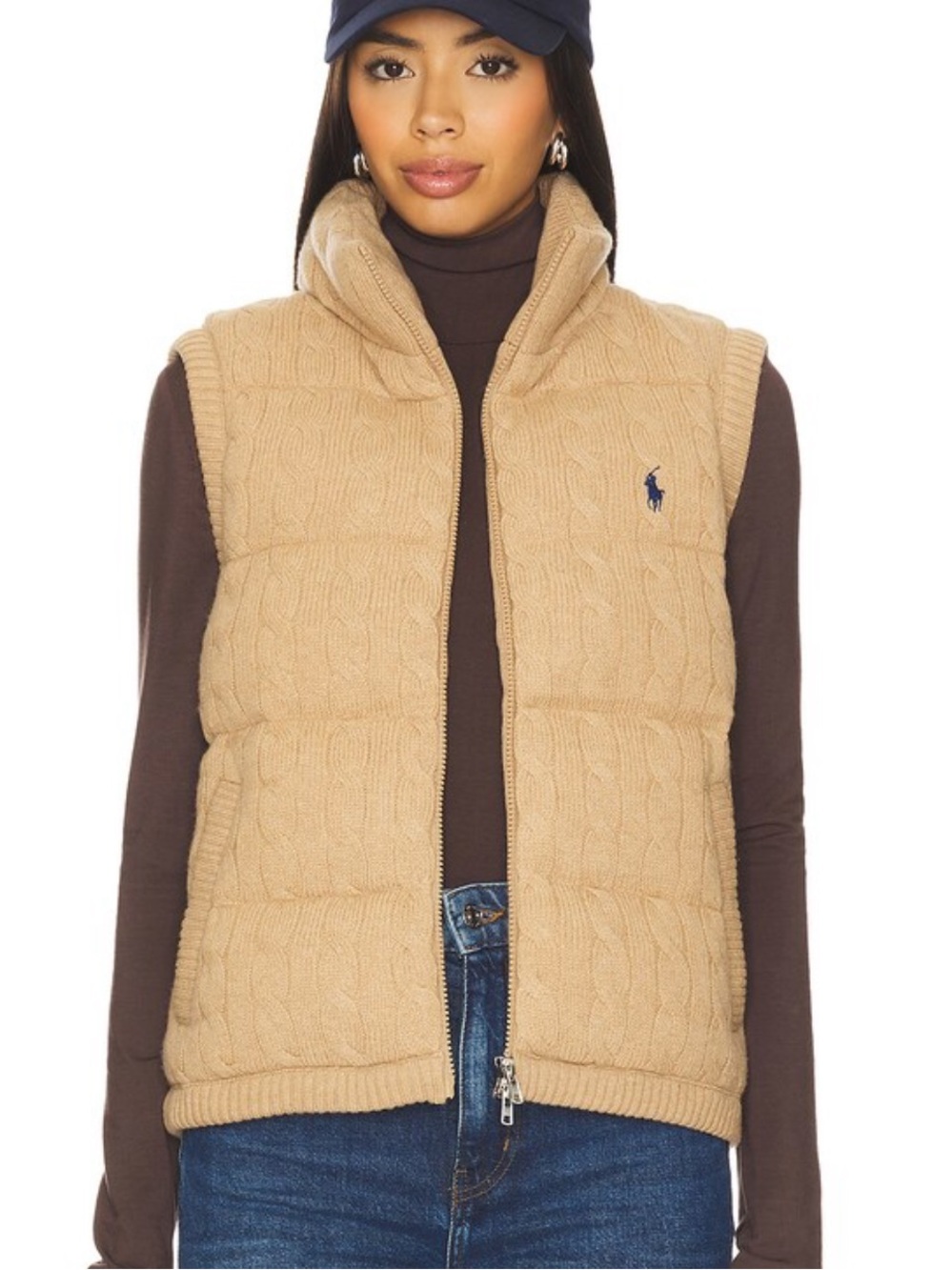 Polo Ralph Lauren Cable Knit Wool Cashmere Quilted Vest in Camel Melange Size S